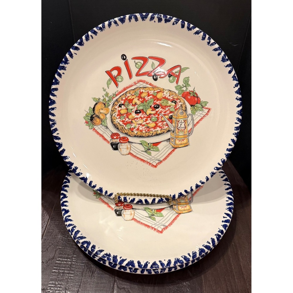 C.M.S. Pizza Plates Plate Blue Trim Hand Painted Italy Ceramic Set of 3 NEW